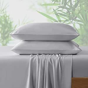 NATUREFIELD 4Pcs Bamboo Sheets Queen 100% Organic Bamboo Cooling Sheets 240TC Bamboo Bed Sheets Soft Breathable with Sheet Straps 1 Flat Sheet, 1 Fitted Sheet, 2 Pillowcases Gray