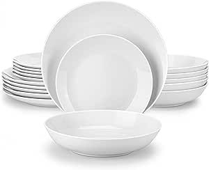 MALACASA 18-Piece Gourmet Porcelain Dinnerware Sets, Modern White Round Dish Set for 6 - Premium Serving Plates and Bowls Sets for Dessert, Salad, Soup, Pasta - Series AMELIA