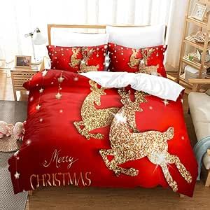 Merry Christmas Single Twin Duvet Cover Set Yellow Elk Print Star Decorative Comforter Cover Xmas Red Holiday Bedding Set Winter Fashion Vintage Festive Bedclothes for Kids Boys Girls Adults Gift,Kin