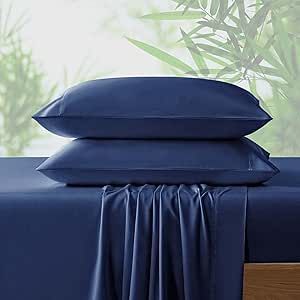 NATUREFIELD 4Pcs Bamboo Sheets Queen 100% Organic Bamboo Cooling Sheets 240TC Bamboo Bed Sheets Soft Breathable with Sheet Straps 1 Flat Sheet, 1 Fitted Sheet, 2 Pillowcases Navy