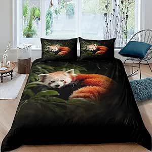 Raccoon Duvet Cover Red Panda Comforter Cover Tree Green Leaves Bedding Set for Kids Adults 3D Wild Animal Pattern Bedspread Cover Ultra Soft Room Decor Full Size Bedclothes Zipper