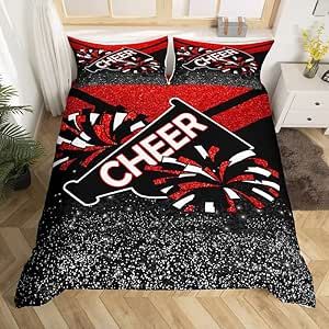Red Glitter Cheer Bedding Set Dreamy Girly Gymnastic Sports Comforter Cover for Kids Boys Girls Gymnastics Lovers Duvet Cover Cheer Sports Glitter Bedspread Cover Room Decor Bedclothes Full Size