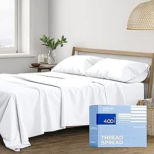 THREAD SPREAD 100% Cotton Twin Sheets for Twin Size Bed - 400 Thread Count 3 Piece Cotton Sheet Set - Ultra Soft, Breathable Cooling Sheet Sets - Deep Pocket Twin Bed Sheets - Sateen Bedsheet (White)