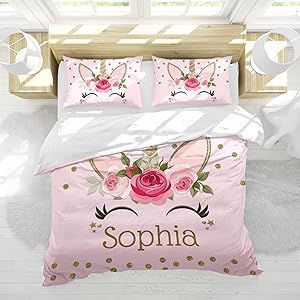 Gold Pink Floral Unicorn Sherpa Fleece Quilt Cover Personalized Name Bedding Set Bedclothes with 1 Duvet Cover + 2 Pillowcases Queen Size