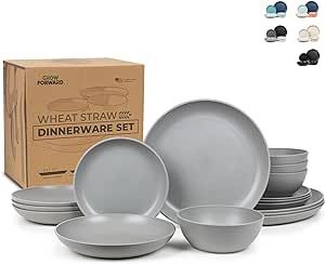Grow Forward 16-piece Premium Wheat Straw Plastic Dinnerware Sets for 4 - Dinner Plates, Dessert Plates, Pasta Bowls, Cereal Bowls - Microwave Safe Plates and Bowls Sets, RV, Camping Dishes - Feather