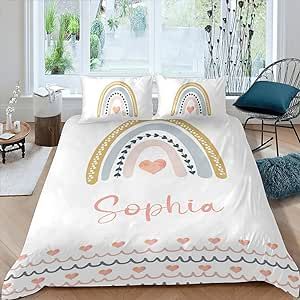 Cute Watercolor Rainbow Personalized Name Sherpa Fleece Quilt Cover Bedding Set Bedclothes with 1 Duvet Cover + 2 Pillowcases King Size