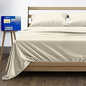 THREAD SPREAD Pure Egyptian King Size Cotton Bed Sheets Set (King, 1000 Thread Count) Cream Bed Linen Set - Bedding Pillow Cases (4 Pc) - Sateen Sheets - 16 in Deep Pocket King Sheets