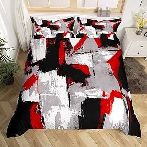 Black Gray and Red Comforter Cover Geometric Graffiti Oil Painting Bedding Set Artistic Smear Duvet Cover Abstract Graffiti Art Bedspread Cover Room Decor Bedclothes Twin Size