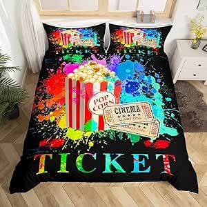 Tie Dye Popcorn Movie Ticket Comforter Cover Movie Theater Bedding Set Cinema Poster Duvet Cover for Children Kids Boys Girls Microfiber Old Fashion Home Decor Bedspread Cover Queen Bedclothes Zipper