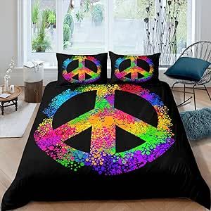 Feelyou Hippie Peace Art Duvet Cover Peace Sign Artwork Bedding Set for Kids Boys Girls Children Colorful Tie Dye Comforter Cover Rainbow Bedclothes Room Decor Bedspread Cover Full Size