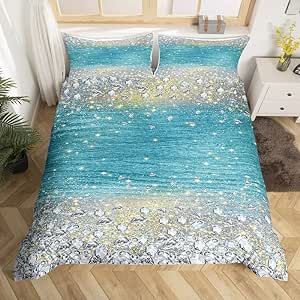 Feelyou Glitter Print (No Glitter) Diamond Bling Shiny Bedding Set Gradient Blue Silver Comforter Cover for Girls Duvet Cover Bedspread Cover Bedclothes Queen Size