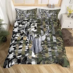 Castle Fairy Camouflage Stitching Duvet Cover for Boys,Girls Camo Flag Comforter Cover Full Size,Deer Silhouette Bedding Set Kids Teen Room Decor Bed Cover,Black White Bedclothes with Zipper