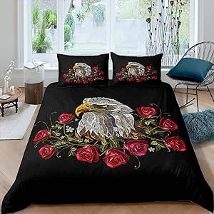 Bald Eagle Bedding Set Wild Roses Comforter Cover for Girls Child Youth,Wild Animals Duvet Cover Bird Wildlife Bedclothes Classical Embroidery Hawk Head Bedroom Decor Queen Size Red Black
