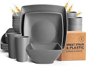 Teivio 24-piece Plastic Wheat Straw Square Dinnerware Set for 6, Unbreakable Dinner Plates, Salad Plates, Snack Bowls, Tumblers 20 oz, Dishwasher Safe (Service for 6 (24 pieces), Grey)