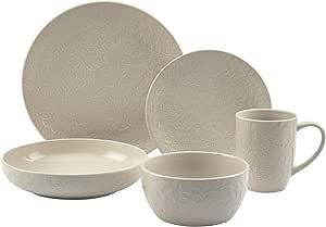 Tabletops Gallery Fashion Dinnerware- Embossed Stoneware Dishes Service for 4 Dinner Salad Appetizer Dessert Plate Bowls, 20 Piece Boxwood Dinnerware Set in Cream