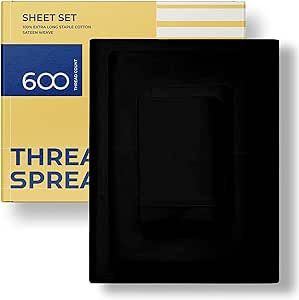 THREAD SPREAD 600-Thread-Count Pure 100% Cotton Sheets - Cal King Size Luxury Hotel Egyptian Cotton Quality Soft Bed Sheets for Cal King Bed, Sateen Weave, Deep Pocket Fitted 4 Pc Bedding Set (Black)