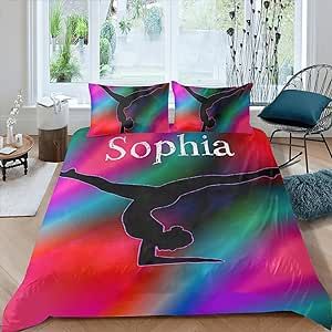 CUXWEOT Gymnastics Colorful Sherpa Fleece Quilt Cover Personalized Name Bedding Set Bedclothes with 1 Duvet Cover + 2 Pillowcases Queen Size
