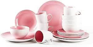 HomeVss, Stoneware Coupe Shape 16pc Dinnerware Set, Outside White + Inside Pink