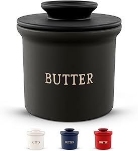 Kook Butter Keeper Dish, French Ceramic Crock with Lid, Embossed Container, For Soft Butter (Matte Black)