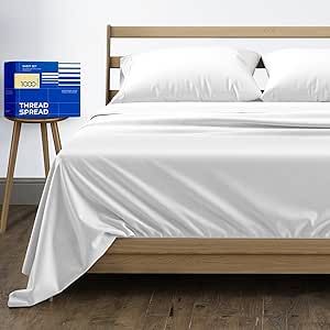 THREAD SPREAD Pure Egyptian California King Size Cotton Bed Sheets Set (Cal King, 1000 Thread Count) Bright White Bed Linen Set - Bedding Pillow Cases (4 Pc) - Sateen Sheets - 16 in Deep Pocket