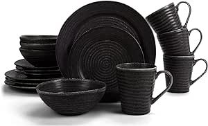 Elanze Designs Chic Ribbed Modern Thrown Pottery Look Ceramic Stoneware Plate Mug & Bowl Kitchen Dinnerware 16 Piece Set - Service for 4, Black With White