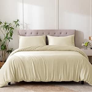 GHUIPRO 100% Organic Bamboo-Rayon Duvet Cover Queen Set Size,Buttery Soft, Cooling for Hot Sleepers- 3 Piece Set -1 Duvet Cover and 2 Pillowcases (Champagne, Queen)