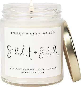 Sweet Water Decor Salt and Sea Candle | Sea Salt, Citrus, Amber, Musk, Beach Scented Soy Candles for Home | 9oz Clear Jar, 40 Hour Burn Time, Made in The USA
