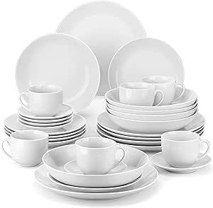MALACASA 30-Piece Gourmet Porcelain Dinnerware Sets, Modern White Round Dish Set for 6 - Premium Serving Plates and Bowls Sets for Dessert, Salad, Soup, Pasta - Series AMELIA