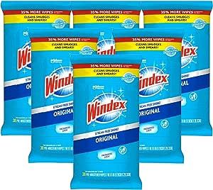 Windex Original Glass Wipes, Pre-Moistened Glass and Surface Wipes Clean and Provide a Streak-Free Shine, 38 Count, Pack of 6