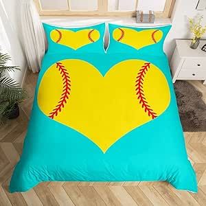 Softball Bedding Set for Softball Lover Heart Love Ball Sports Theme Comforter Cover Set Girls Women Bright Teal Yellow Room Decorative Duvet Cover Girly Bedspread Cover King Size 3Pcs Bedclothes