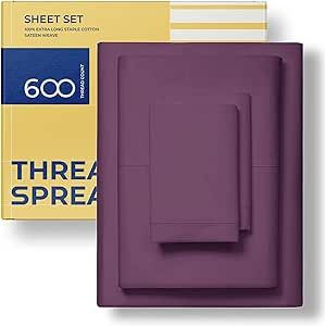 THREAD SPREAD 5 Star Luxury Hotel King Size 100% Cotton Sheets - Egyptian Cotton Quality 600 TC Sheets for King Bed - 4 Piece Bedding Set with Deep Pocket, Soft Breathable & Cooling Bedsheet (Plum)