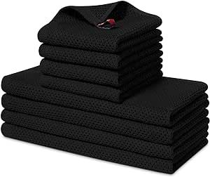 Homaxy 100% Cotton Kitchen Towels and Dishcloths Set, 12 x 12 Inches and 13 x 28 Inches, Set of 8 Bulk Kitchen Towels Set, Ultra Soft Absorbent Dish Towels for Washing Dishes, Black