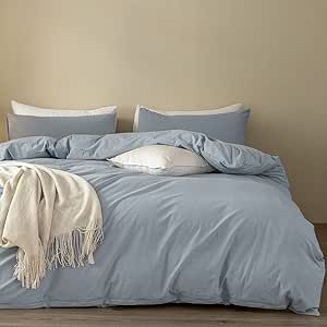 ELIMMO Duvet Cover Set Linen Texture 100% Cotton Fabric Durable Breathable Natural Dreamy Chic Feel (Light Blue, King)