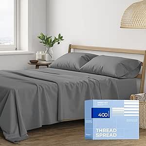 THREAD SPREAD 100% Cotton Twin Sheets for Twin Size Bed - 400 Thread Count 3 Pc Cotton Sheet Set - Ultra Soft, Breathable Cooling Sheet Sets - Deep Pocket Twin Bed Sheets - Sateen Bedsheet (Dark Gray)