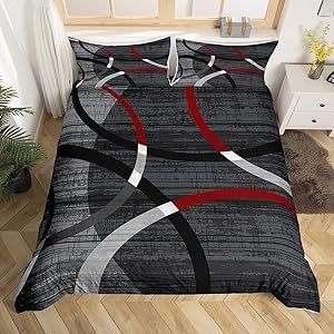 Retro Circles Lines Duvet Cover for Boys,Girls Red Black Gray Comforter Cover Full Size,Modern Abstract Bedding Set Kids Teen Room Decor Bed Cover,Creative Bedclothes with Zipper