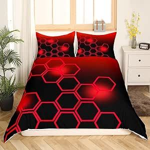 Red and Black Bedding Duvet Cover Set Queen Size Honeycomb Bedding Set for Kids Boys Girls Decor Geometrical Comforter Cover Set Beehive Geometric Pattern Red Bedspread Cover Bedroom Bedclothes