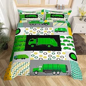 Green Garbage Truck Comforter Cover Powered Waste Management Recycling Trucks Bedding Set Cartoon Garbage Truck Duvet Cover for Kids Boys Girls Car Bedspread Cover Room Decor Bedclothes Queen Size