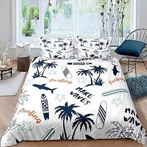 Palm Tree Comforter Cover Surfboard Bedding Set Surfing Sports Duvet Cover for Children Kids Boys Microfiber Hawaiian Tropical Bedspread Cover Shark Starfish Room Decor Bedclothes Full Size