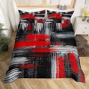 Feelyou Red Black and Grey Comforter Cover Geometric Artistic Smear Bedding Set Abstract Graffiti Art Duvet Cover Contemporary Modern Brush Design Bedspread Cover Room Decor Bedclothes Queen Size