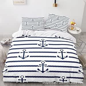 Anchor Duvet Cover Queen, Horizontal Stripes Nautical Marine Cruise Ocean Trip, Decorative 3 Piece Bedding Set Comforter Cover with 1/2 Pillowcase Bedspread Cover Bedclothes,Full