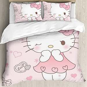 DIEZ Kawaii Bedding Set for Girls, Wink Hello Cat Kitty Printed Bed Set, Cartoon Kitty Quilt Cover, Full Comforter Cover, Girls Teens Bedclothes Set with Zipper and 2 Pillowcase, No Comfoerter