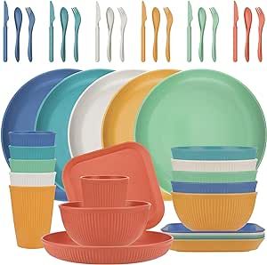 42-Piece Wheat Straw Dinnerware Set, Plates and Bowls Sets, Plates, Dishes, Bowls, Cups, Cutlery Set, Service for 6, Lightweight Unbreakable Plastic Dinnerware Sets, Dishwasher Microwave Safe