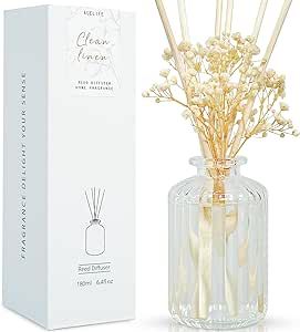 Auelife Reed Diffuser Set, 6.4 oz Clean Linen Scented Diffuser with Sticks Preserved Real Flower Reed Diffuser Home Fragrance Essential Oil Reed Diffuser for Bathroom Shelf Decor.