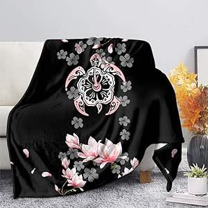 Binienty Ultra Soft Lightweight Fleece Blanket, Polynesian Sea Turtle Hibiscus Flower Print, Plush Bedclothes Throw Blanket
