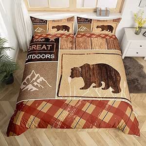 Feelyou Bear Bedding Set for Girls Boys Kids Rustic Western Wildlife Comforter Cover Set Room Decorative Outdoors Moutains Duvet Cover Wooden Pattern Bedspread Cover Queen Size 3Pcs Bedclothes