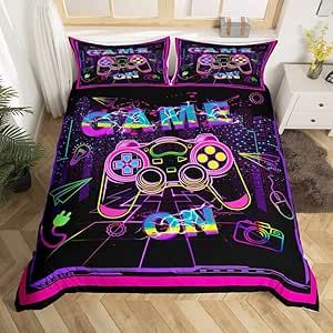 Gaming Bedding Set Gamer Neon Purple Pink Comforter Cover for Kids Boys Girls Hippie Graffiti Game Room Decor Duvet Cover Breathable Modern Gamepad Bedspread Cover Room Decor Bedclothes Queen Size