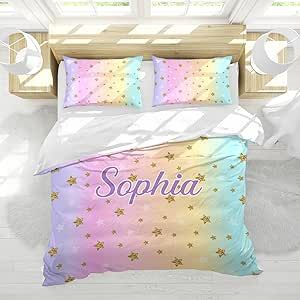 Rainbow Stars Personalized Name Sherpa Fleece Quilt Cover Bedding Set Bedclothes with 1 Duvet Cover + 2 Pillowcases Twin Size