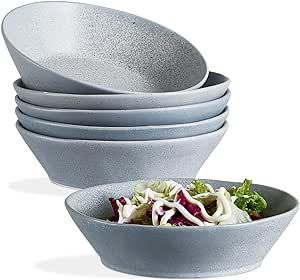 ONEMORE 30 oz Pasta Bowls Set of 6 - Wide Shallow Dinner Bowls for Salads - Microwave, Oven, Dishwasher Safe - Classic Style, Scratch Resistant, Sturdy - Blue Grey