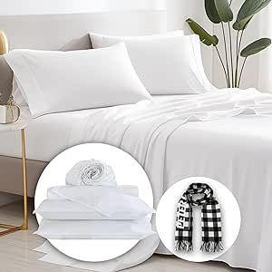 PETER CAI Queen Bed Sheets Set- 100% Cotton Sheets - Skin-Friendly - Extra Soft - Breathable - 4-Pc Queen Sheets Set - Deep Pocket Full Fitted Sheet, Flat Sheet & 2 Pillowcases
