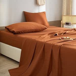 LifeTB Pumpkin Caramel Sheets Set Twin Size Bedding Sheets 100% Washed Microfiber Bed Sheets Deep Pocket 3 Pieces Sheets Breathable Cooling Bed Sheets - Easy Fit Rust Color Bedding Sheets